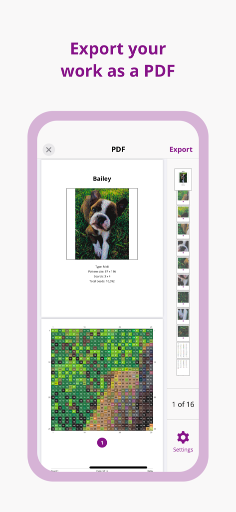 Perlypop: Perler beads - Interfaz de la aplicación Perlypop mostrando una foto de perro convertida en un patrón detallado de cuentas de fusión para exportar a PDF.