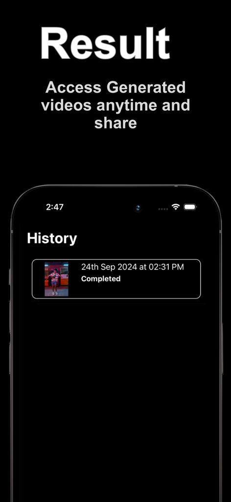 AI Dance Generator - DanceAI - Pantalla de iPhone mostrando el historial de videos de baile IA completados en la aplicación DanceAI