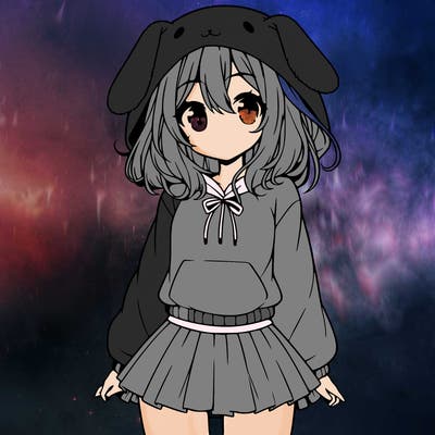 pretty anime girl wearing a fluffy hoodie with bunny ears on the hood and a skirt