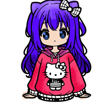 cute anime girl wearing a kuromi from hello kitty sweatshirt
