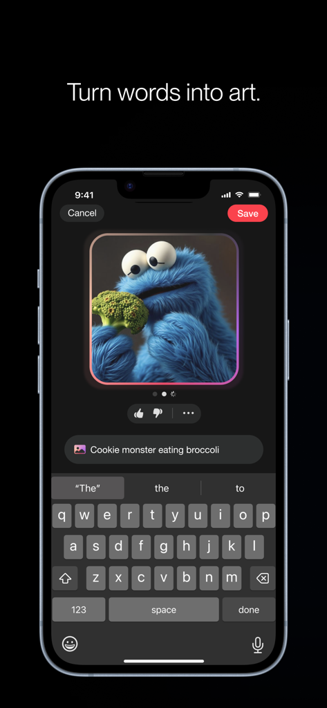 CHAI app interface showing an AI image of a blue monster eating broccoli generated from a text prompt.