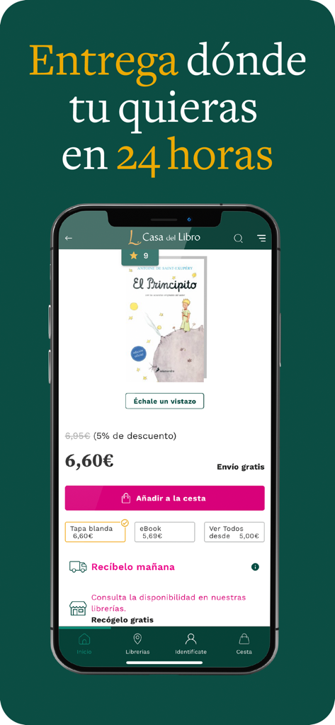 Casa del Libro - Casa del Libro mobile app product page for the book El Principito showing price and 24-hour delivery options.