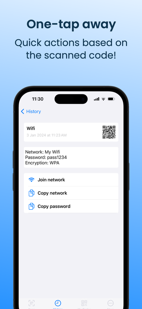 QR Maker & Scan: QR Code Suite - iPhone screen showing quick actions to join a Wi-Fi network from a scanned QR code