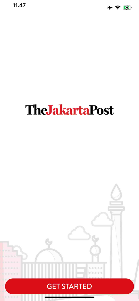 Schermata di benvenuto dell'app mobile The Jakarta Post con un pulsante Inizia e illustrazioni di punti di riferimento