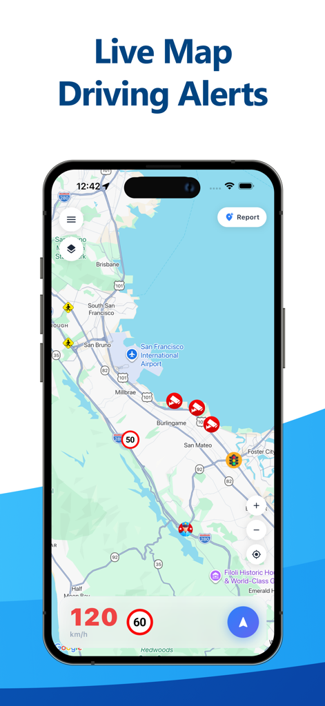 Speed Camera - Radar - Speed Camera Radar app displaying a live map with speed camera locations and a digital speedometer