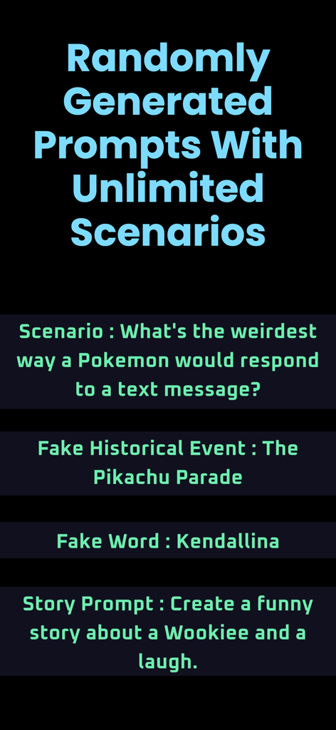 Party Ai - A screen showing various AI generated party game prompts like fake words and funny scenarios