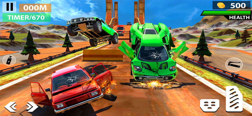 Car Crash Destruction Derby 2 - Gameplay of Car Crash Destruction Derby 2 showing realistic vehicle damage and mid-air car stunts in a demolition arena.