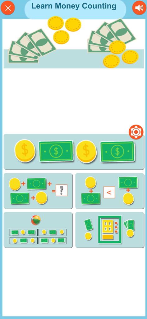Learn Money Counting - Hauptmenü der App Geldzählen lernen, das verschiedene mathematische Lernmodule für Kinder zeigt