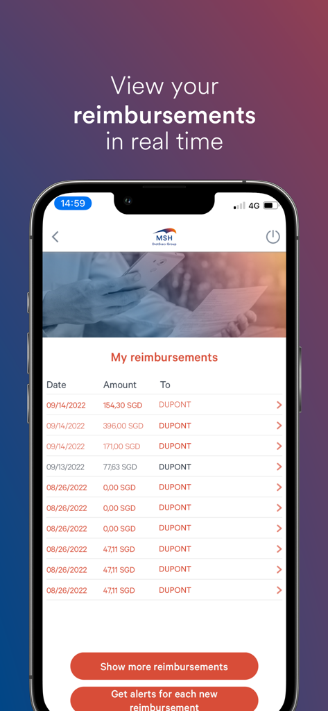 Screenshot of the MSH International app displaying a real time list of healthcare reimbursements