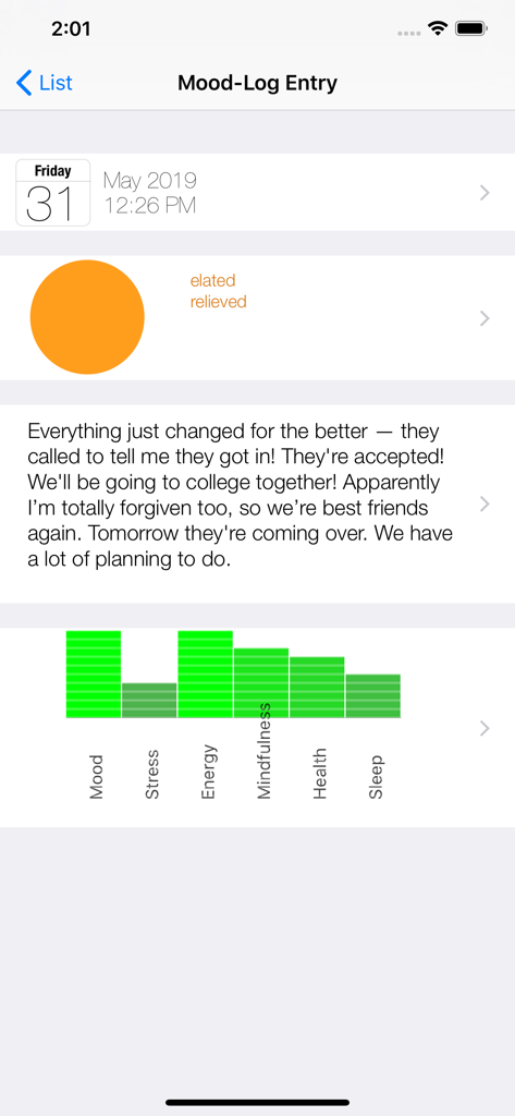 Mood-Log - Mood-Log app screen showing a journal entry with mood tags and wellness bar charts