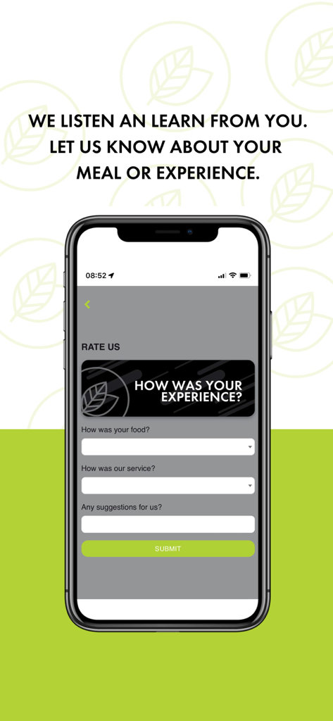 FreshApp - FreshApp mobile screen showing a feedback form to rate food and service experience