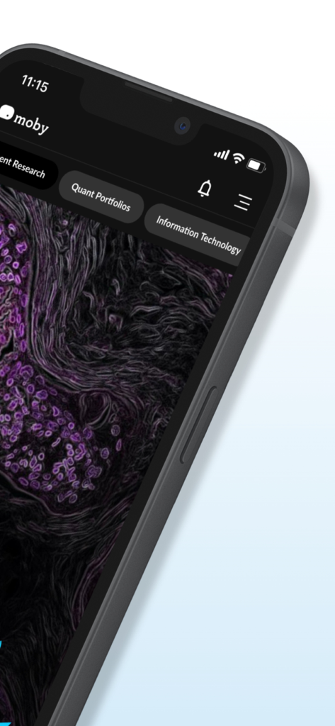 Moby: Invest Smarter - Moby investment app interface with research and portfolio navigation