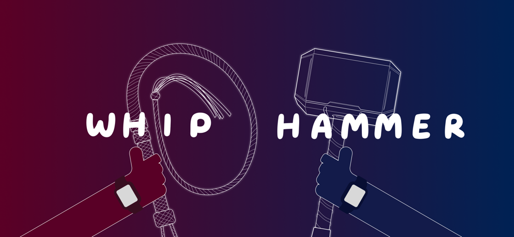 Two hands wearing Apple Watches holding a virtual whip and hammer to demonstrate gesture controlled sound effects