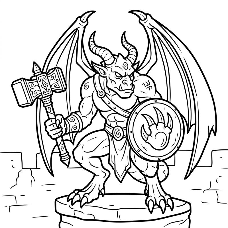 Introduce your little one to a world of fantasy with this friendly Warrior Gargoyle coloring page! Designed specifically for toddlers, it features large, easy-to-color shapes and ultra-thick lines for stress-free creative fun.
