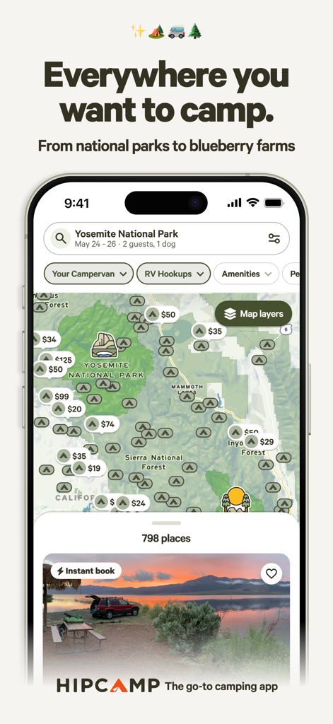 Hipcamp app interface displaying available campsites and prices on a map of Yosemite National Park.