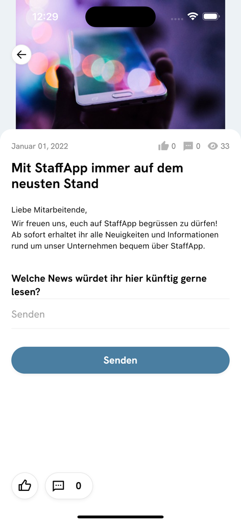 StaffApp - StaffApp mobile screen displaying a corporate news post and employee feedback section