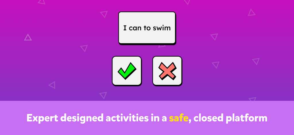 Novakid Jr: Kids English - Una pantalla de la aplicación Novakid Jr que muestra un ejercicio de gramática con la oración 'I can to swim' y botones para respuestas correctas o incorrectas