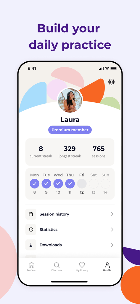 Benutzerprofil-Bildschirm der Guided Meditation App, der Meditations-Streaks und Sitzungshistorik-Statistiken anzeigt