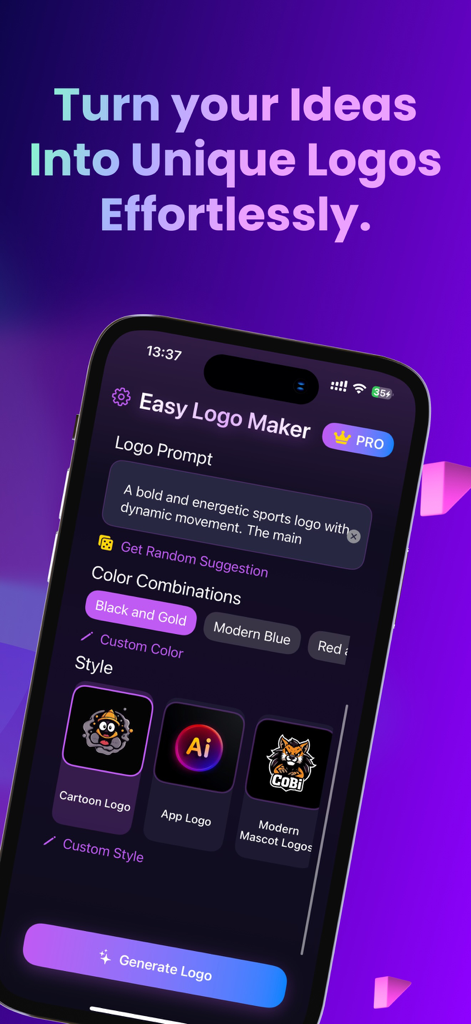 Easy Logo Maker Ai - Easy Logo Maker AI App-Oberfläche mit Logo-Prompt- und Stil-Auswahlmöglichkeiten für Kreative.