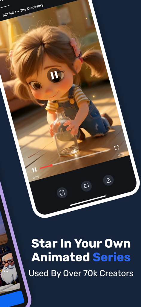 Shorts AI - Video Creator - Shorts AI app screen featuring a Pixar style 3D animation of a young girl with a glass jar