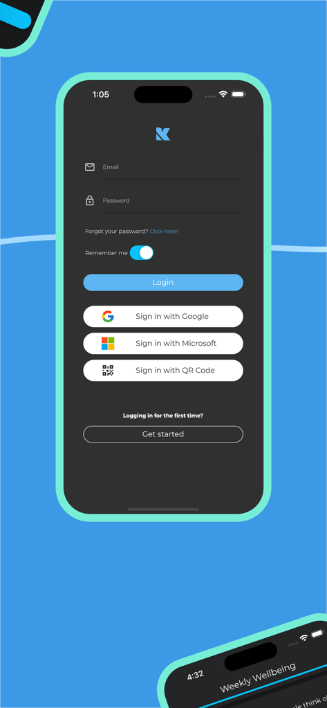 Komodo - The login screen for the Komodo wellbeing app with email and social sign in options