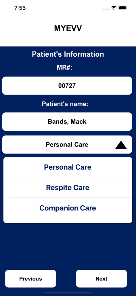 MYEVV - MYEVV app interface displaying patient name Mack Bands and options for personal care or respite care.