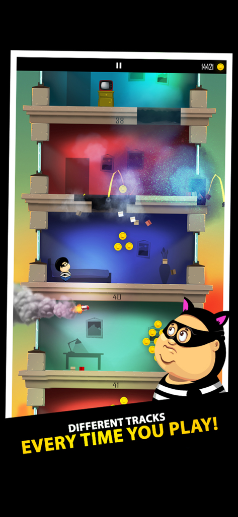 Daddy Was A Thief - Daddy Was A Thief gameplay showing a character smashing through building floors and collecting coins