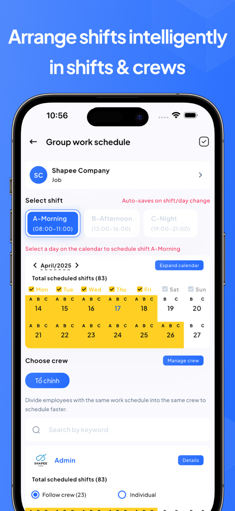 Timesheet & Payroll: EzWork - 직원 근무 일정 및 팀 구성을 위한 그룹 작업 일정 인터페이스를 표시하는 EzWork 앱 화면