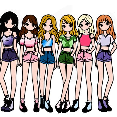a group of girls wearing crop tops and shorts