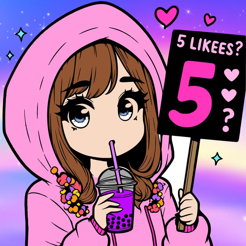 girl with over sized hoodie drinking boba with a sign that says 5 likes?