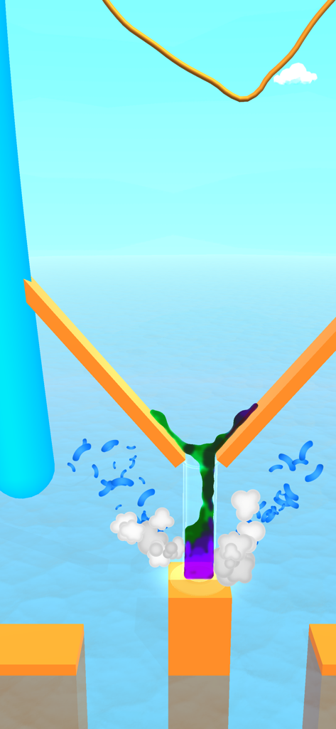 Pouring Master 3D - A realistic water simulation gameplay scene where colored liquid is poured through orange channels into a test tube.