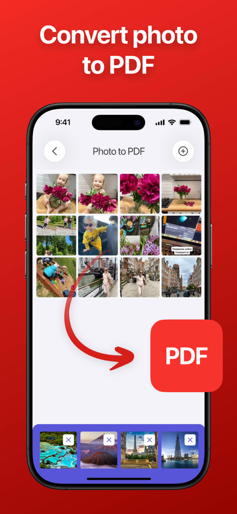 iPhoneアプリのインターフェース。複数の画像をPDFドキュメントに変換するための写真ギャラリーの選択が表示されています。