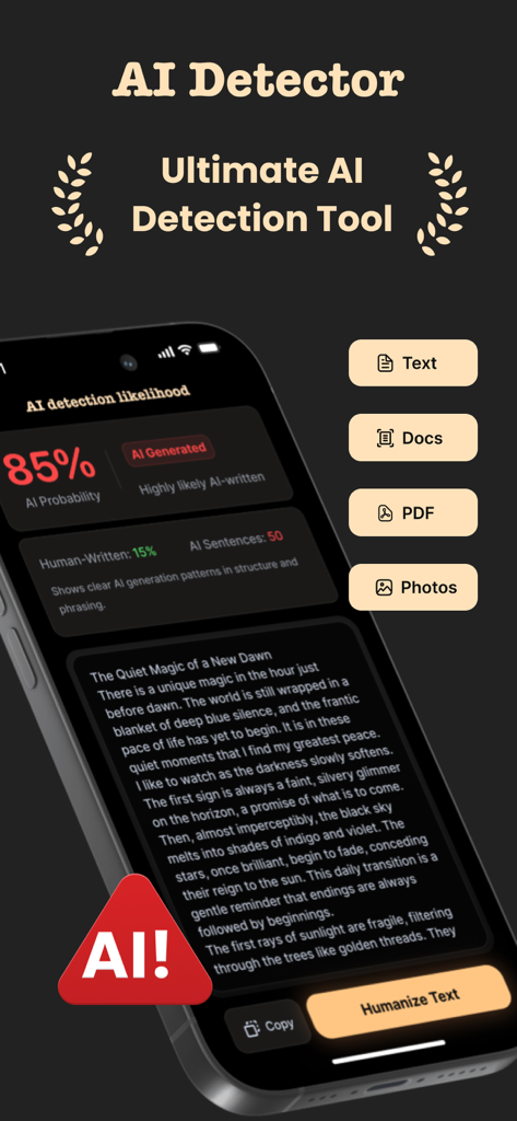 Scribbly: AI Detector Tool - Scribbly app interface showing a high AI detection probability and the humanize text feature