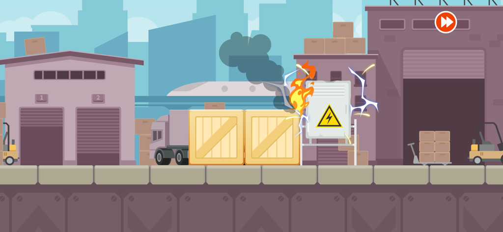 Dinosaur Coding: Kids Games - A truck stands before a flaming electrical panel and crates in a warehouse level of Dinosaur Coding
