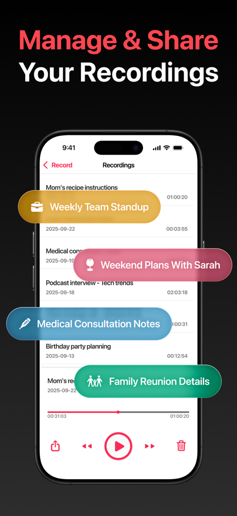 Call Recorder ™ Record Phone - 録音を管理および共有するためのオプションが表示された録音リストを表示するCall Recorderアプリのモバイルインターフェース