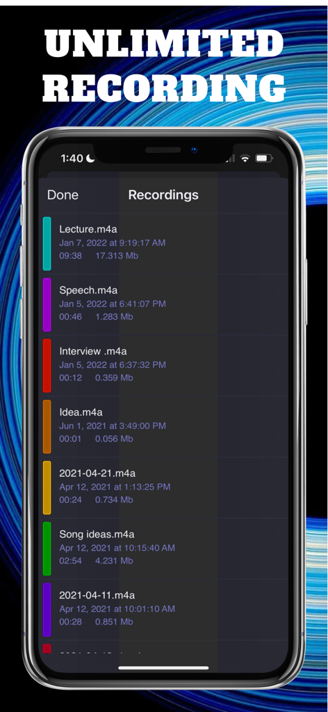 Hear Boost: Recording Ear Aid - Hear Boost app screenshot showing a list of audio recordings including lectures interviews and speeches on an iPhone