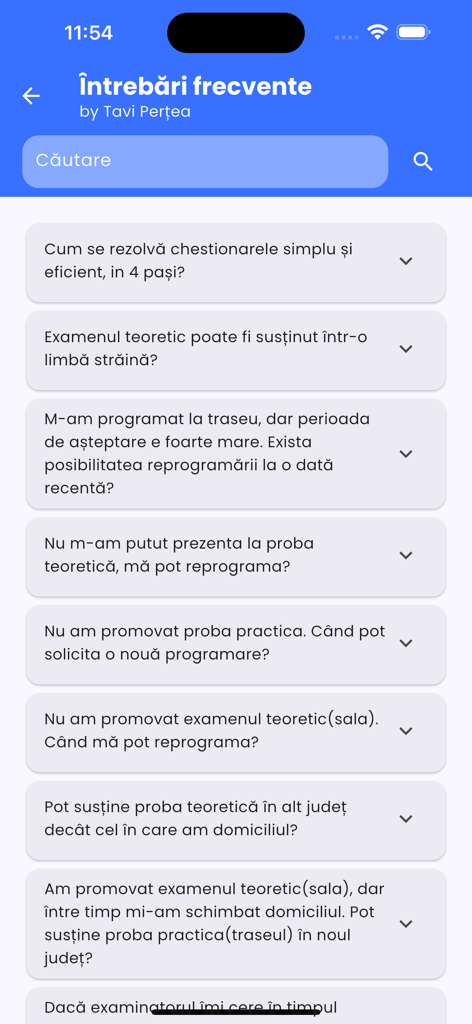 Schermata delle domande frequenti sull'esame di patente di guida rumena nell'app Tavi Pertea.