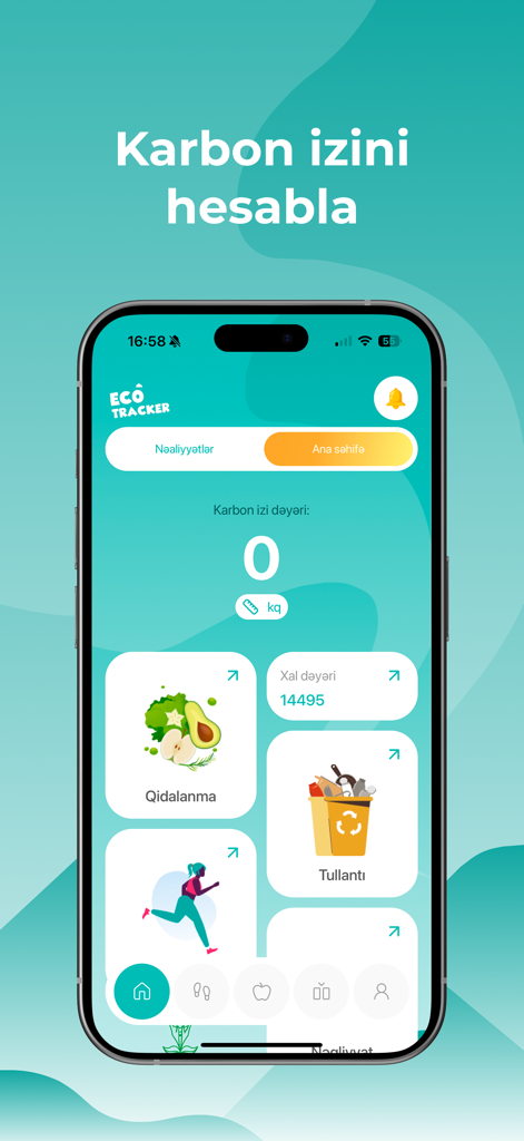 Ecotracker - Panel de la aplicación móvil Ecotracker que muestra el seguimiento de la huella de carbono y categorías para nutrición, residuos y transporte.