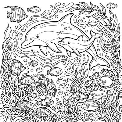 Explore the enchanting underwater world with this captivating baby dolphins coloring page, featuring a playful mother and her calf. Surrounded by bustling marine life and intricate coral, this design promises hours of creative fun for all ages.