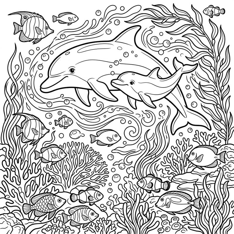 Explore the enchanting underwater world with this captivating baby dolphins coloring page, featuring a playful mother and her calf. Surrounded by bustling marine life and intricate coral, this design promises hours of creative fun for all ages.