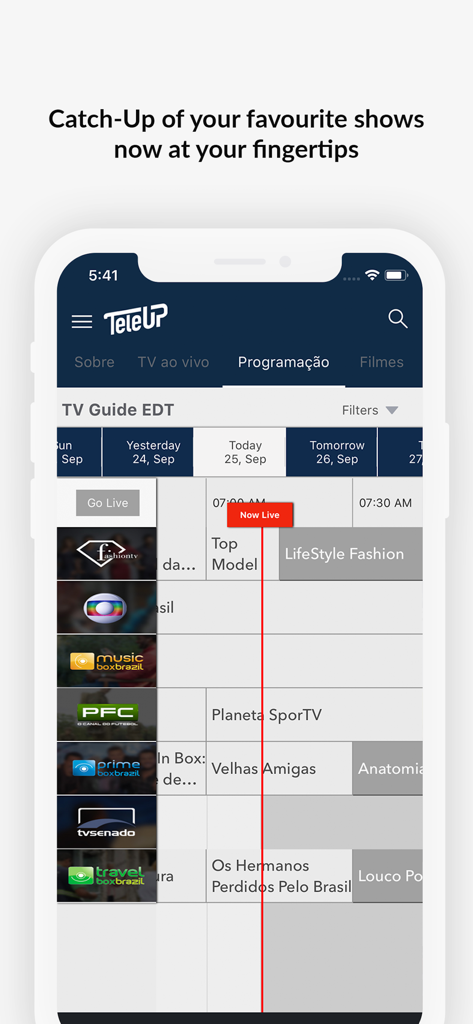 TeleUP Brasil - TeleUP Brasil app showing the live TV programming schedule for Brazilian channels