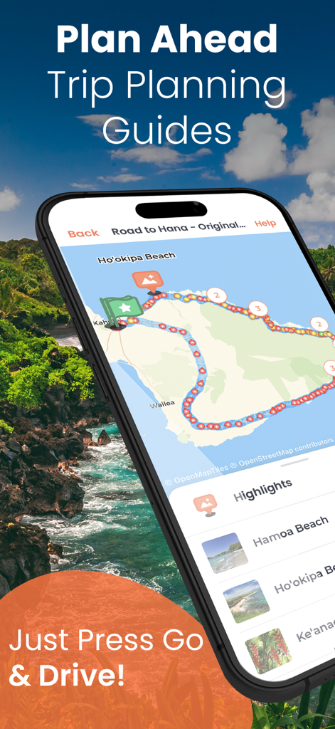 Smartphone displaying the Road to Hana driving tour map and highlights