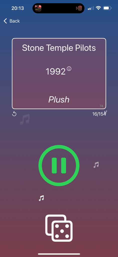 Beatster - Beatster app interface showing a music trivia card for the song Plush by Stone Temple Pilots from 1992