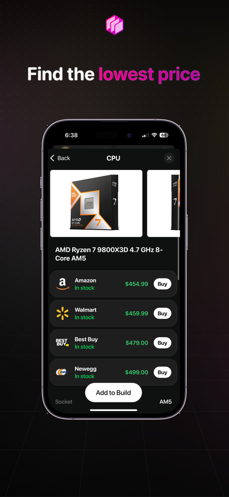 BuildCores mobile app displaying a price comparison for an AMD Ryzen CPU across various retailers like Amazon and Best Buy