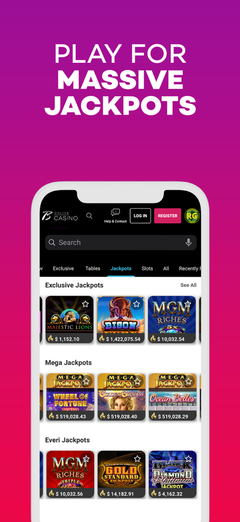 Borgata Casino app interface displaying real money jackpot slot machines like Bison Fury and MGM Riches.