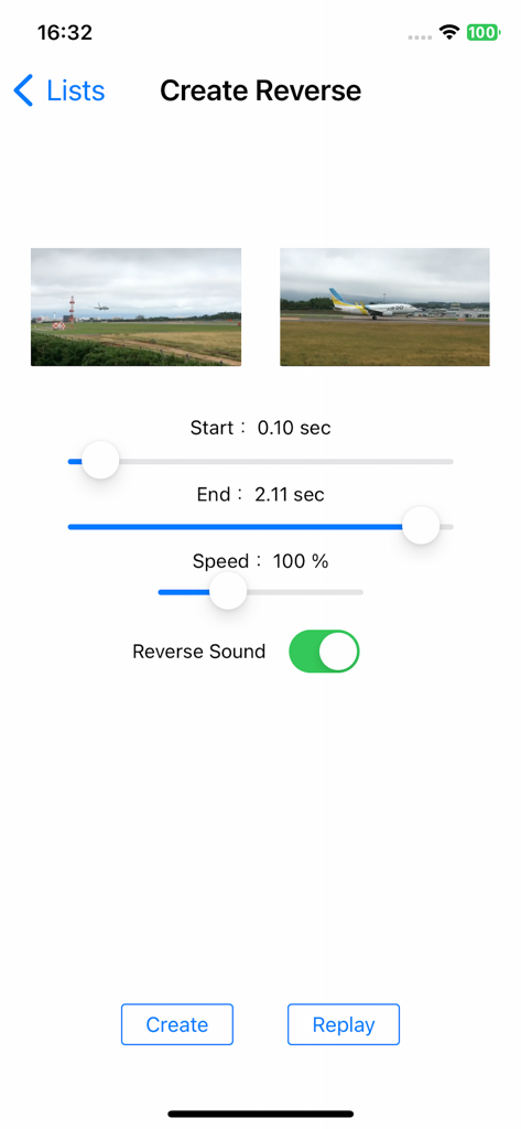 モバイルアプリのインターフェース。ビデオトリミングと逆再生サウンド設定が表示されています。