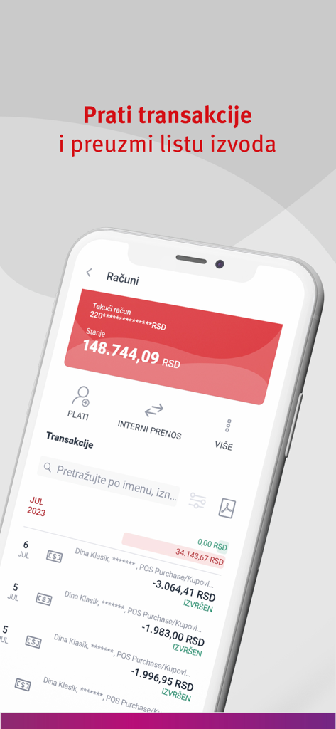 mBankar ProCredit Bank Srbija - Transaction history and account balance overview in the mBankar ProCredit Bank mobile app