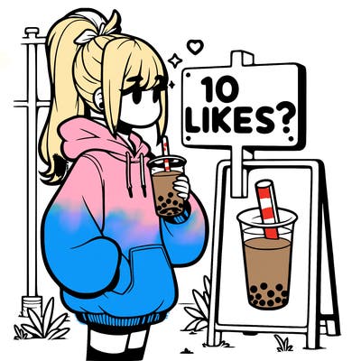 girl with oversized hoodie drinking boba and she has a high ponytail with a sign that says 10likes?