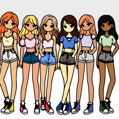 a group of girls wearing crop tops and shorts