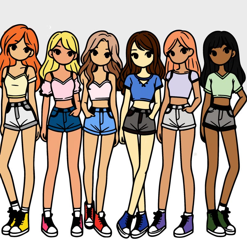a group of girls wearing crop tops and shorts